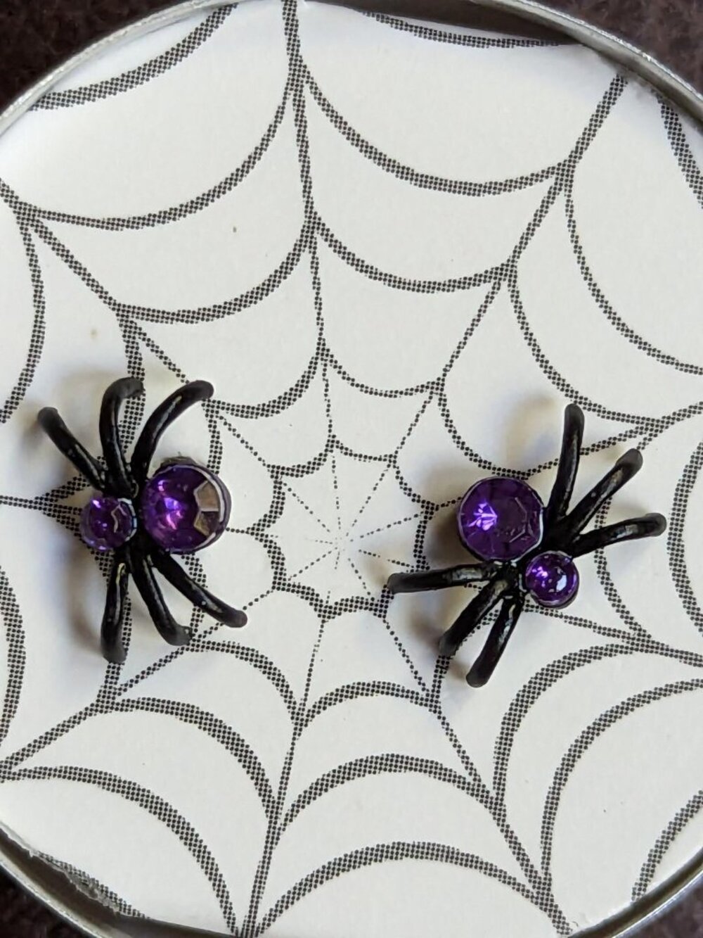 Vintage Halloween Black Spider with Purple Rhinestones Earrings.